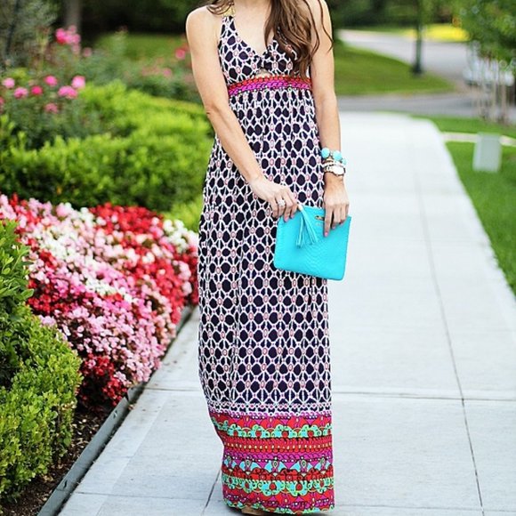 TRINA TURK Geometric Bra Halter Maxi Dress, Sz M - Picture 2 of 8